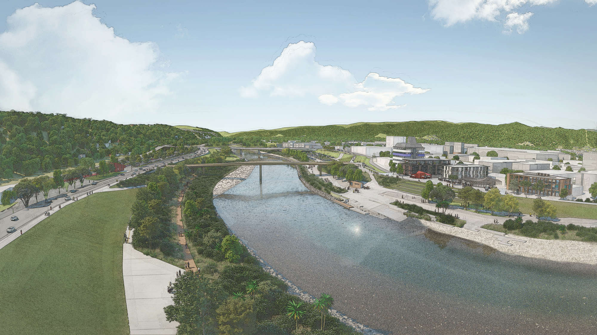 OpenDay sketch of shared use pedestrian and cyclist bridge from central Lower Hutt to Melling station